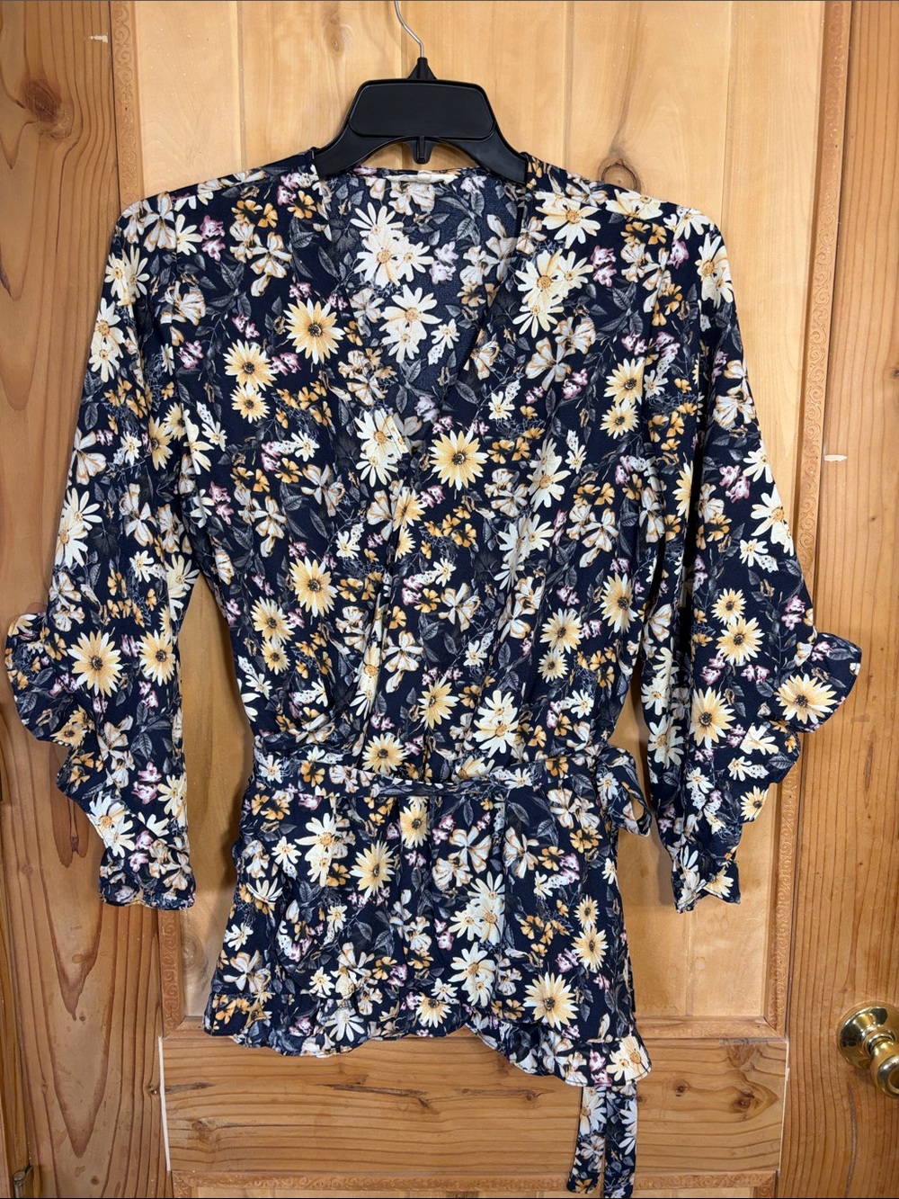 Easel Navy Floral Faux Wrap Top with Yellow Daisy Motif